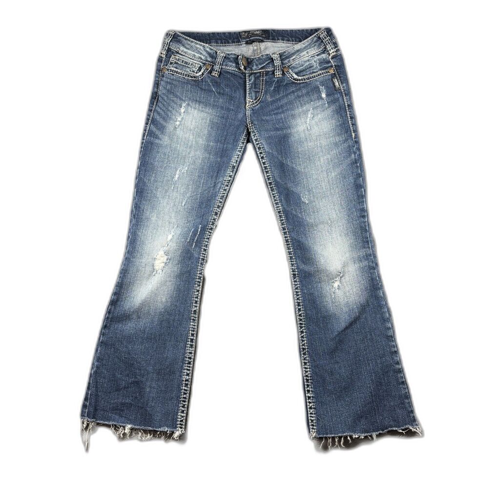 Silver Women Tuesday Jeans Y2K Low Rise Flare Frayed Hems Distressed Sz 28" M103